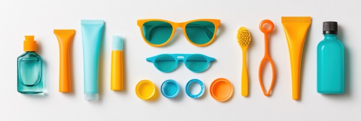 Poster - Bright summer accessories like sunglasses and sunscreen are styled on a white background, creating space for messaging. Generative AI