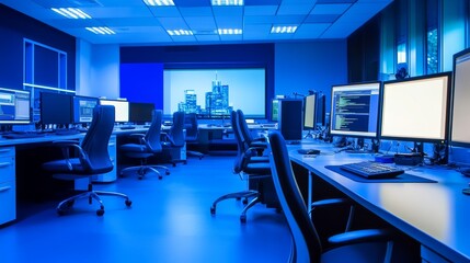  - A modern office space with multiple computer workstations and a cityscape view.