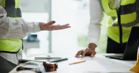 Poster - Hands, architect and floor plan with handshake for sketch in office, design and paper at construction company. People, engineer and documents with blueprint, drawing and laptop for property expansion