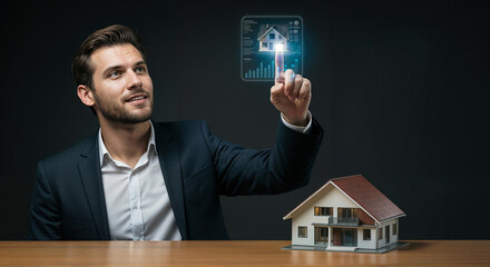 Poster - young man with works with digital interface buying house, renting cottage, digital hologram . Generative AI