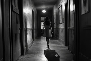 Poster - Woman walks down dimly lit hallway.