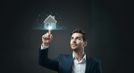 Poster - young man with works with digital interface buying house, renting cottage, digital hologram . Generative AI
