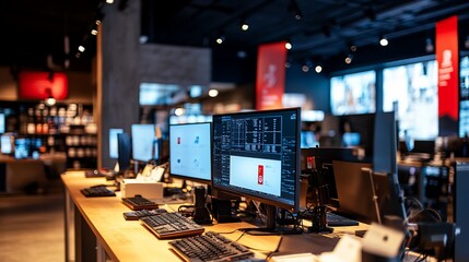 Poster - Modern tech store interior with multiple computers on display.
