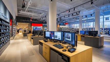 Aufkleber - Modern electronics store interior with displays, computers, and light wood furniture.