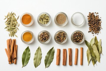 Fototapete - Colorful jars filled with aromatic spices are arranged neatly alongside bay leaves and cinnamon sticks, inviting culinary creativity. Generative AI