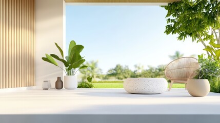 Poster - a modern wooden pavilion with a polished concrete floor, white terrazzo bench, and a rattan chair. The pavilion is set against a blurry green garden view