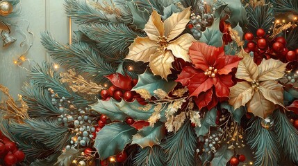 Wall Mural - a beautifully decorated Christmas wreath with lush greenery, sparkling lights, and red and gold accents on a classic white door, creating a welcoming holiday entrance.