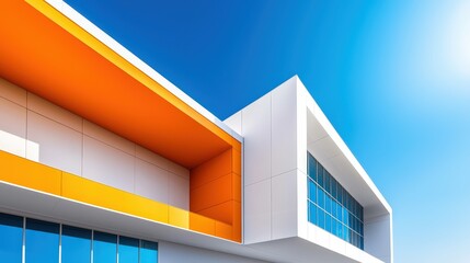 Poster - a modern office building with a colorful geometric abstract pattern of orange and white concrete walls