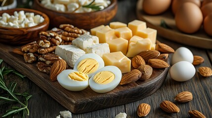 Wall Mural - A wooden table with a variety of low-carb snack options, such as mixed nuts, cheese cubes, and boiled eggs 