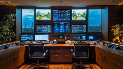 Poster - A modern control room with multiple screen and communication equipment for monitoring and management.
