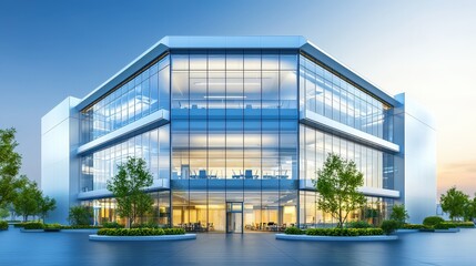 Poster - A corporate office building with glass facades and reflective windows, surrounded by green plants and trees, showcasing the blend of nature and modern professional architecture.