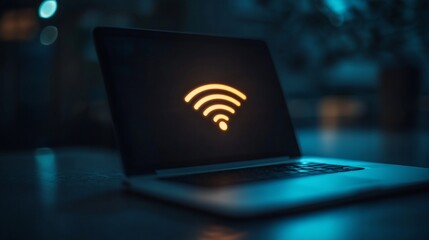 Poster - Laptop displaying wifi signal at night.