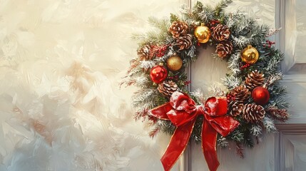 Wall Mural - A festive Christmas wreath adorned with red ribbons, pinecones, and gold ornaments hanging on a pristine white door, with soft winter light casting a warm glow,