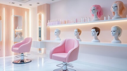 Poster - A modern salon room with a pink leather chair under soft lighting, five mannequin heads with styled short wigs displayed nearby, and a sleek shelf stocked with hair spray products.