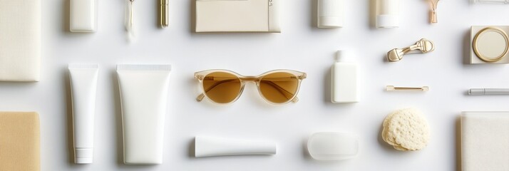 Poster - A collection of summer accessories including sunglasses and sunscreen arranged on white, offering ample space for text or messages. Generative AI
