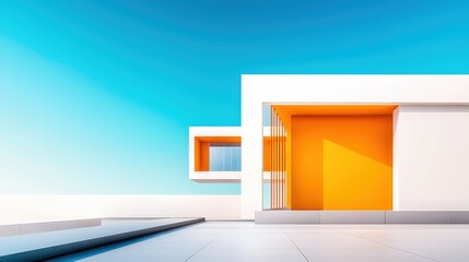 Poster - A wide-angle shot of a building abstract geometric design, with sharp angular lines and a combination of white and orange walls.