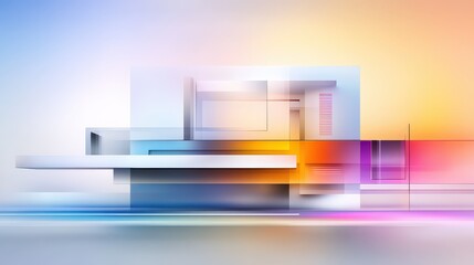 Poster - Abstract architectural composition of a futuristic building with transparent glass panels, intersecting lines, and metallic details, capturing the essence of modern design.