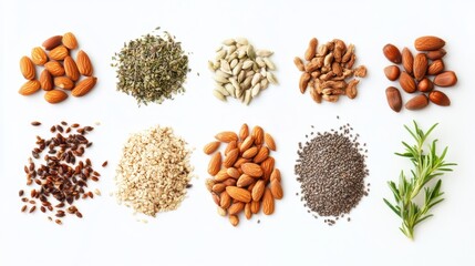 Poster - Organic ingredients like seeds, nuts, and herbs are arranged neatly on a white background, providing an appealing selection for health enthusiasts. Generative AI