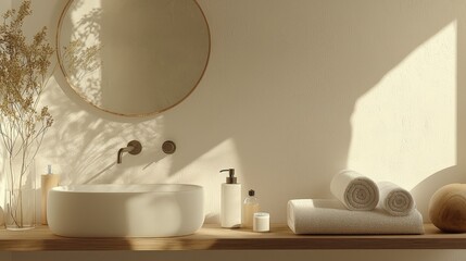 Poster - Bathroom decor in focus, featuring a clean soap dispenser, a round mirror, bath salts, and rolled towels on a wooden shelf, with a minimalist white tub in a bright and airy setting.