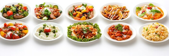 Poster - An array of Italian, Japanese, and Mexican dishes beautifully presented on white plates against a blank background for text placement. Generative AI