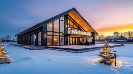 Poster - shot of a stylish modern barn house with a mezzanine level, large panoramic windows, and a heat pump installation outside, blending functionality with design.