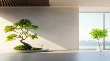 Poster - Contemporary home interior featuring a zen garden, a green tree in the corner, and an empty concrete wall. The sunlight fills the space, enhancing the peaceful, natural vibe of the room