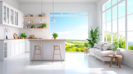 Poster - Contemporary home studio with a corner view, showing a comfortable sofa in side view. The cooking area features a bar island, stools, and a nearby cabinet