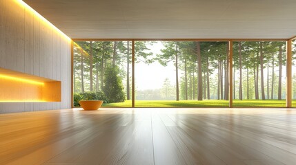 Poster - Contemporary loft-style room with raw concrete walls and polished plank flooring. The room is empty, with a large window offering a breathtaking view of the surrounding forest.