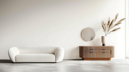 Poster - Contemporary minimalistic living room with white walls and concrete flooring. A plush white couch is placed next to a simple dresser, with a copy space wall