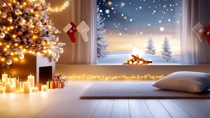 Wall Mural - Cozy living room with a crackling fireplace, decorated Christmas tree, and festive ornaments, with stockings hung on the mantle, creating a warm holiday ambiance.