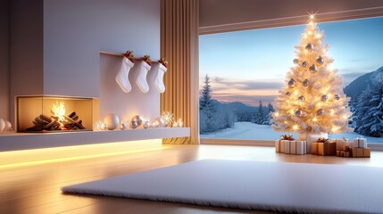 Poster - Cozy living room with a crackling fireplace, decorated Christmas tree, and festive ornaments, with stockings hung on the mantle, creating a warm holiday ambiance.