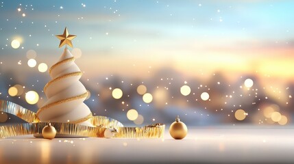 Aufkleber - Detailed view of gold Christmas tree decorations, including golden stars, baubles, and tinsel, beautifully arranged on a tree with a shimmering festive backdrop.