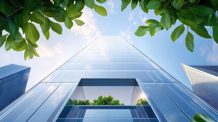 Poster - Eco-conscious architecture in the heart of the city, showcasing a sleek glass building designed for sustainability.
