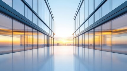 Poster - Dynamic perspective of a contemporary glass-walled building with bold angular structures, set against a clear sky, emphasizing innovation and modernity.