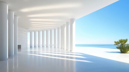 Poster - Minimalist architectural interior with open-air design, where shadows create dynamic patterns on the floor. The expansive view of the clear blue sky opens up the space,