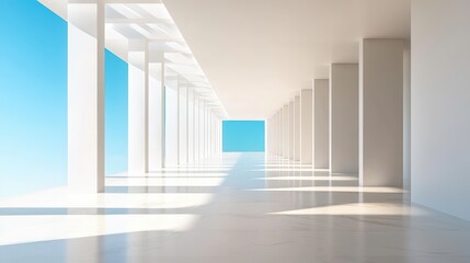 Poster - Minimalist architectural interior with open-air design, where shadows create dynamic patterns on the floor. The expansive view of the clear blue Mediterranean sky opens up the space,