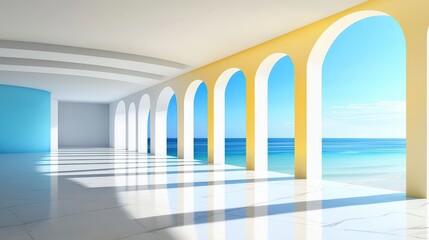 Poster - Minimalist architectural interior with open-air design, where shadows create dynamic patterns on the floor. The expansive view of the clear blue sky opens up the space.