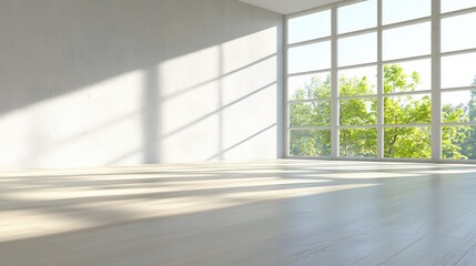 Poster - Modern contemporary loft-style empty room with concrete walls and plank flooring. Large windows frame a beautiful forest view, allowing sunlight to pour into the space