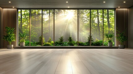 Poster - Modern contemporary loft-style empty room with concrete walls and plank flooring. Large windows frame a beautiful forest view, allowing sunlight to pour into the space