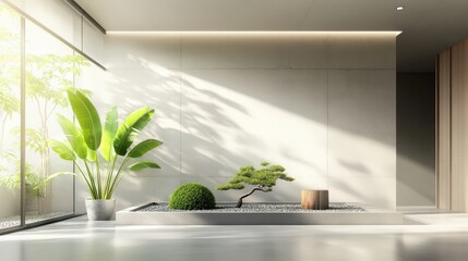 Poster - Modern home interior with a minimalist design, featuring a zen garden in the center of the room, surrounded by lush green plants and a large concrete wall illuminated 