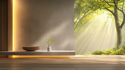 Poster - Sleek and modern loft-style empty room featuring concrete walls and a plank wood floor. A large window opens to a serene forest view, with sunlight streaming in and illuminating the space. Perfect 