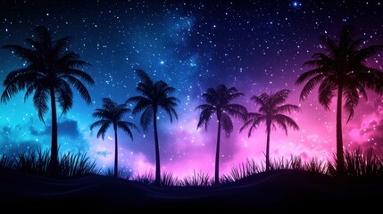 Poster - A cluster of palm trees silhouetted against a dark, star filled sky, illuminated from below by warm neon lights, evoking a relaxing, tropical night.