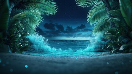 Poster - A wide angle shot of a bioluminescent beach with turquoise waves crashing against the shore, framed by palm trees illuminated with neon lights, creating a surreal paradise.
