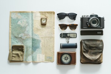 Aufkleber - Travel essentials include a map, compass, small camera, and sunglasses on a white background, perfect for planning adventures. Generative AI
