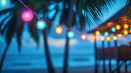 Poster - A beach bar on stilts, lit by strings of colorful neon lights, with the silhouette of palm trees and the sound of waves crashing in the background.
