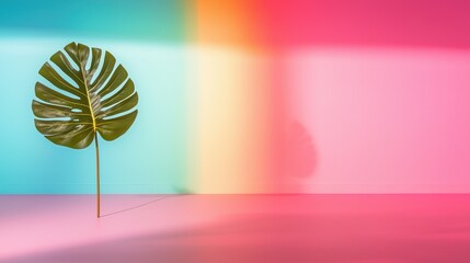 Poster - A single monstera leaf with dramatic shadows cast upon it by a hidden neon light source, creating a sense of mystery and intrigue.