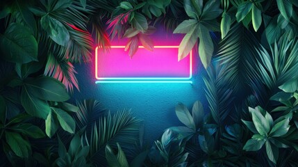 Poster - A vintage neon sign advertising a beachside bar, partially obscured by overgrown tropical foliage, hinting at a hidden, exotic location.