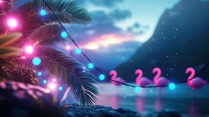 Poster - A festive scene with colorful neon lights strung across a beach, illuminating palm trees, inflatable flamingos, and people dancing under the stars.
