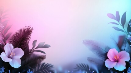 Poster - An abstract composition of tropical leaves and flowers with a gradient neon glow emanating from behind, casting a colorful, ethereal light on the surrounding foliage.