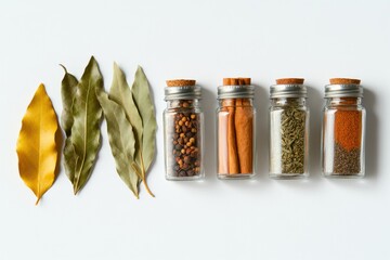 Fototapete - Small jars filled with vibrant spices are arranged alongside bay leaves and cinnamon sticks, offering a perfect backdrop for culinary creativity. Generative AI